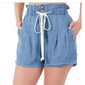 ZENANA Women's Blue Chambray Paperbag‎ Waist Drawstring Shorts Size Large